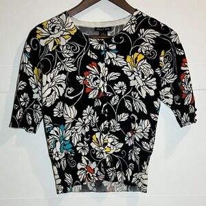 Audrey & Grace Black Floral Short Sleeve Cardigan Sweater Womens Med Artsy Peony